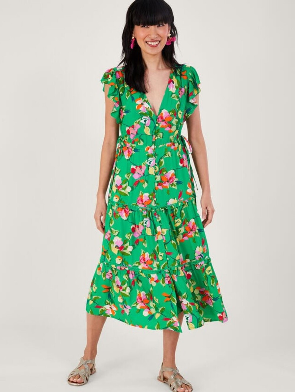 Monsoon Green Floral Tiered Wrap Midi Dress